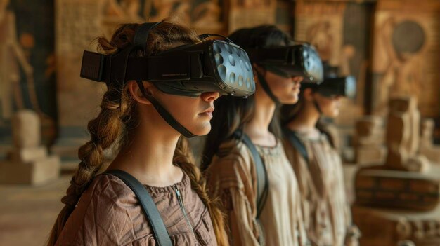 Students wearing VR headsets, participating in a virtual field trip to an ancient historical site. The immersive experience allows them to explore artifacts and architecture in a realistic setting.