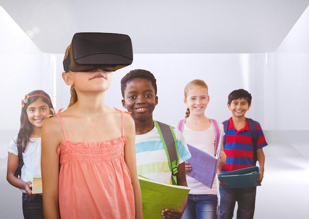 A group of students wearing VR headsets in a classroom, participating in a virtual field trip to an ancient historical site. The scene captures their excitement and immersion in the learning experience.